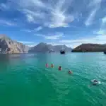Guests swimming in a fjord bay on the Khasab dhow cruise